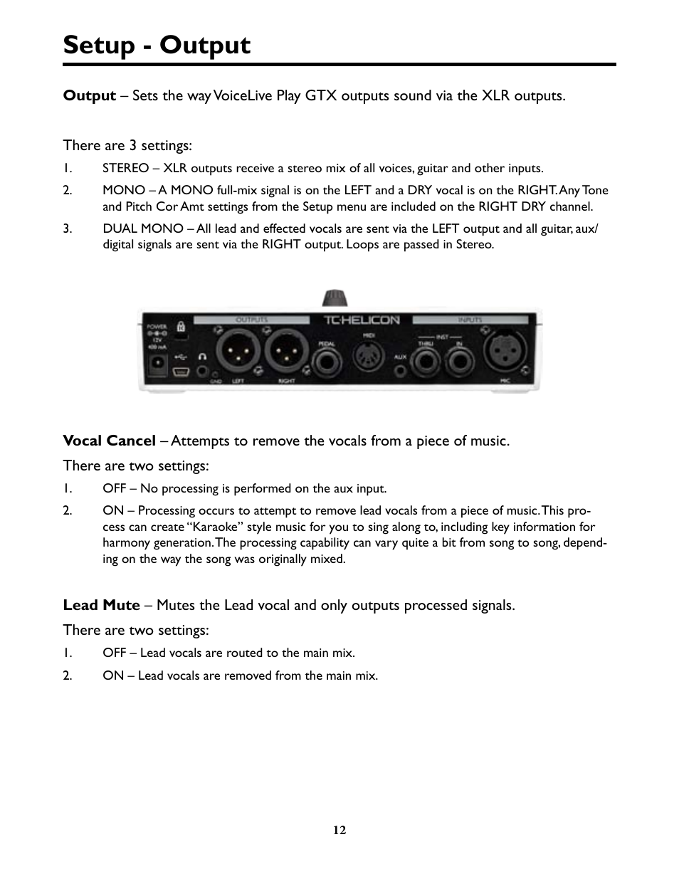 Setup - output, Setup - output 12 | TC-Helicon VoiceLivePlay GTX Details manual User Manual | Page 12 / 39