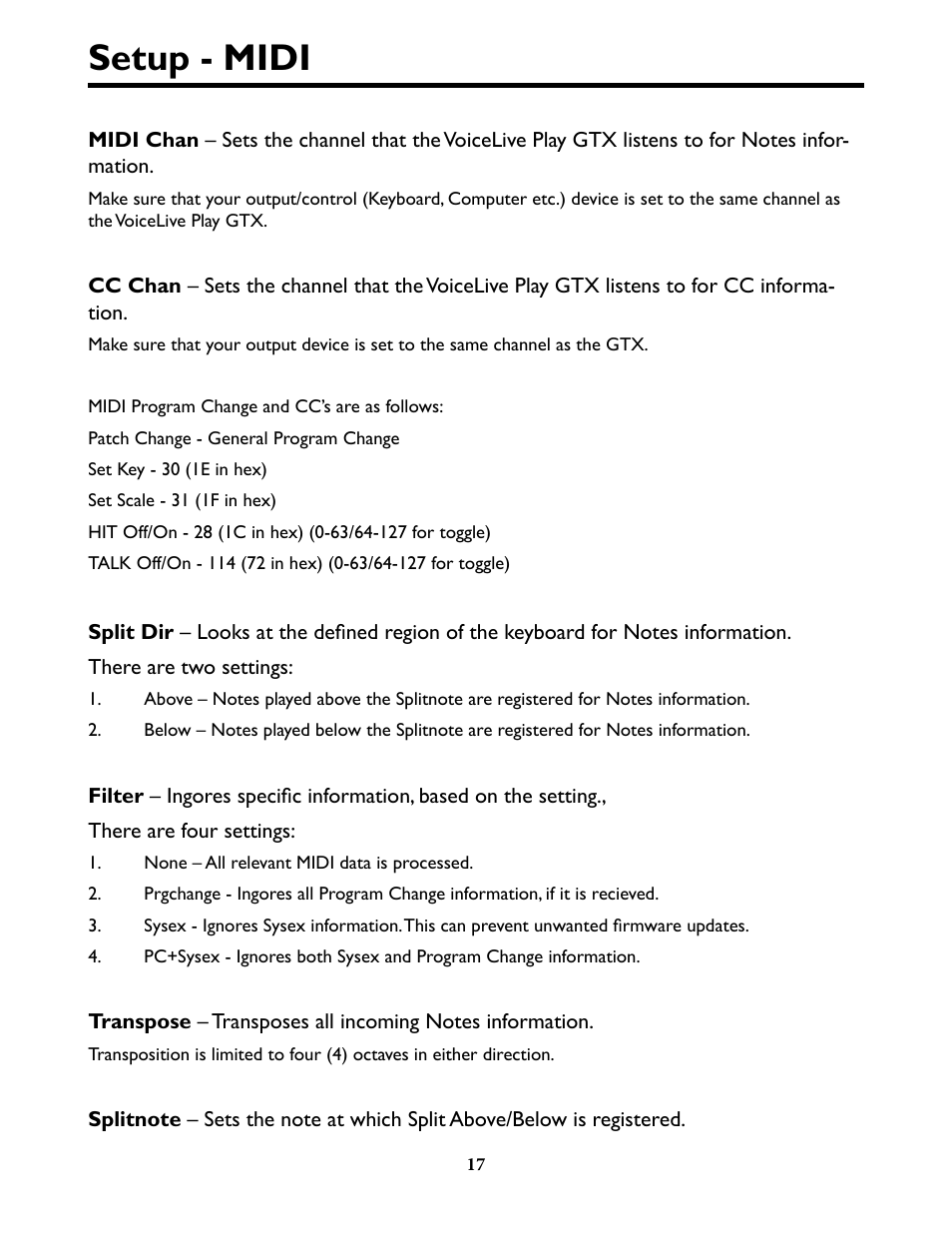 Setup - midi, Setup - midi 17 | TC-Helicon VoiceLivePlay GTX Details manual User Manual | Page 17 / 39