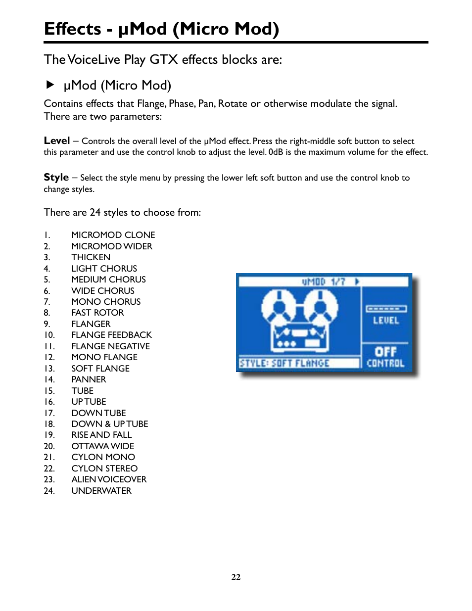 Effects - µmod (micro mod), Effects - umod (micro mod) 22 | TC-Helicon VoiceLivePlay GTX Details manual User Manual | Page 22 / 39