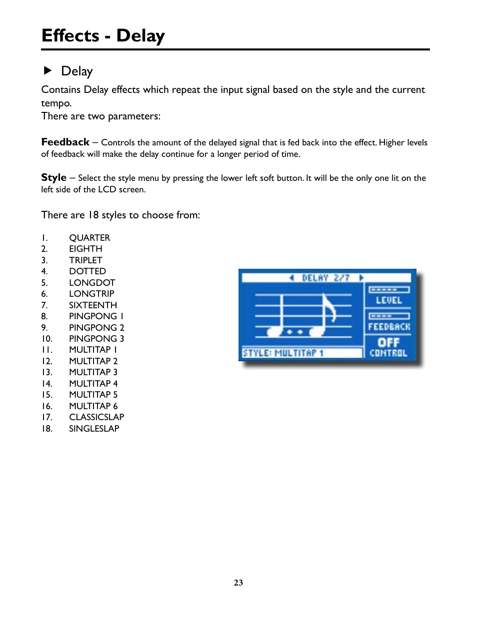 Effects - delay, Effects - delay 23, F delay | TC-Helicon VoiceLivePlay GTX Details manual User Manual | Page 23 / 39