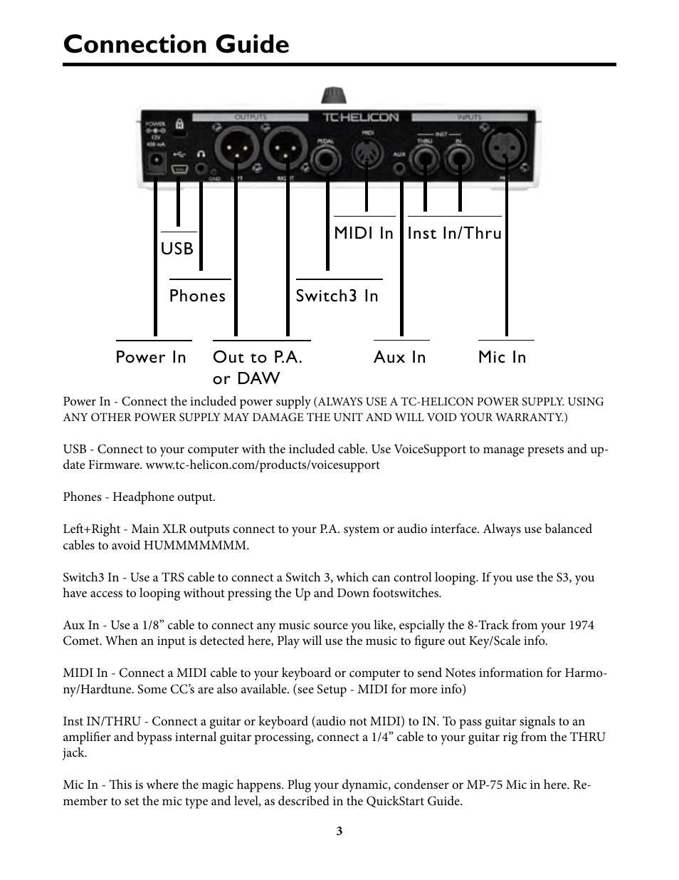 Connection guide, Connection guide 3, Inst in/thru midi in | TC-Helicon VoiceLivePlay GTX Details manual User Manual | Page 3 / 39