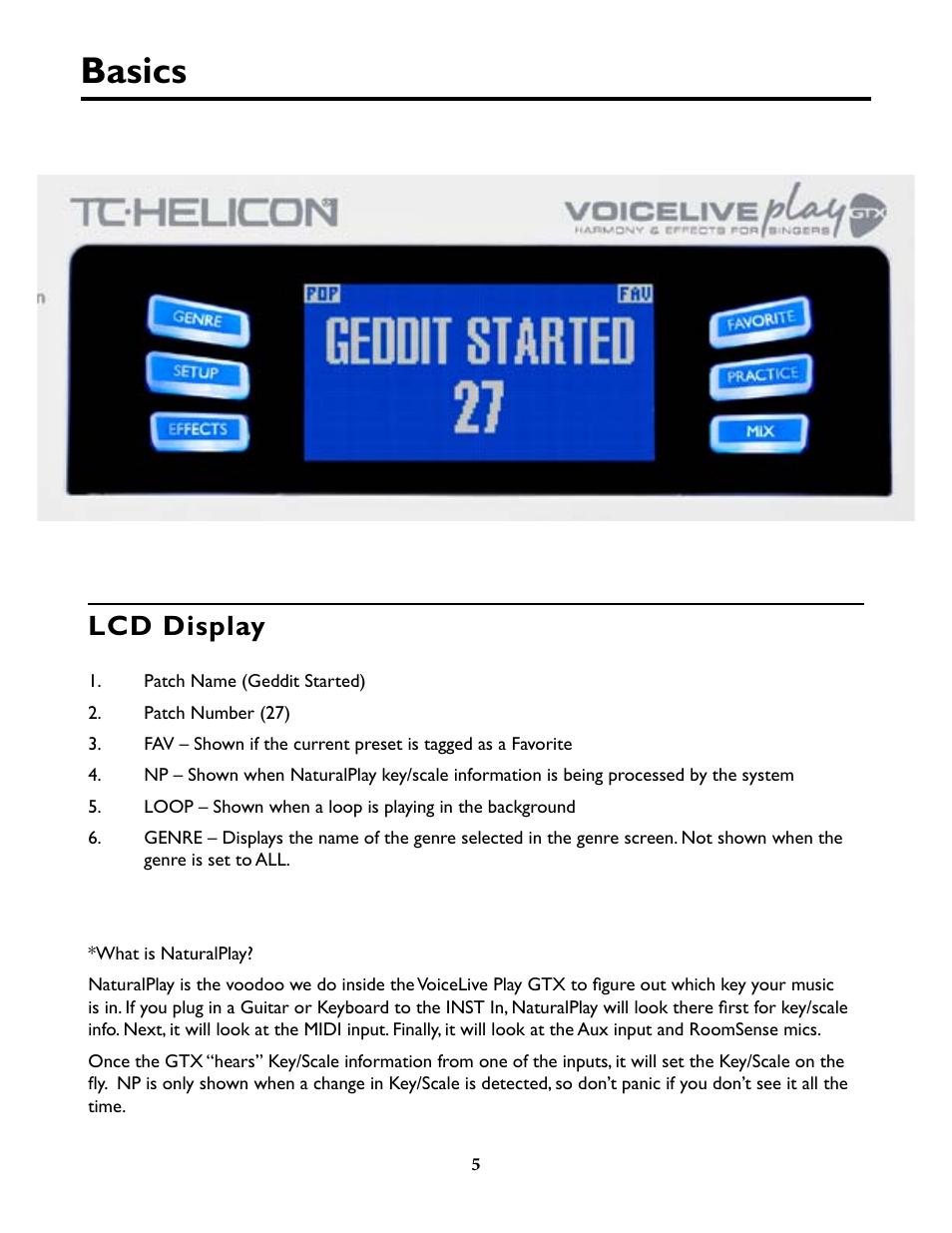 Basics, Basics 5, Lcd display | TC-Helicon VoiceLivePlay GTX Details manual User Manual | Page 5 / 39