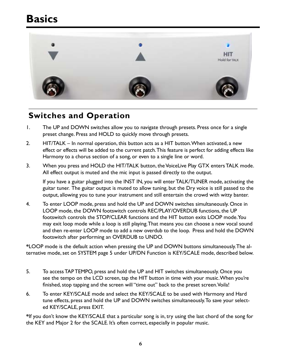 Basics, Basics 6, Switches and operation | TC-Helicon VoiceLivePlay GTX Details manual User Manual | Page 6 / 39