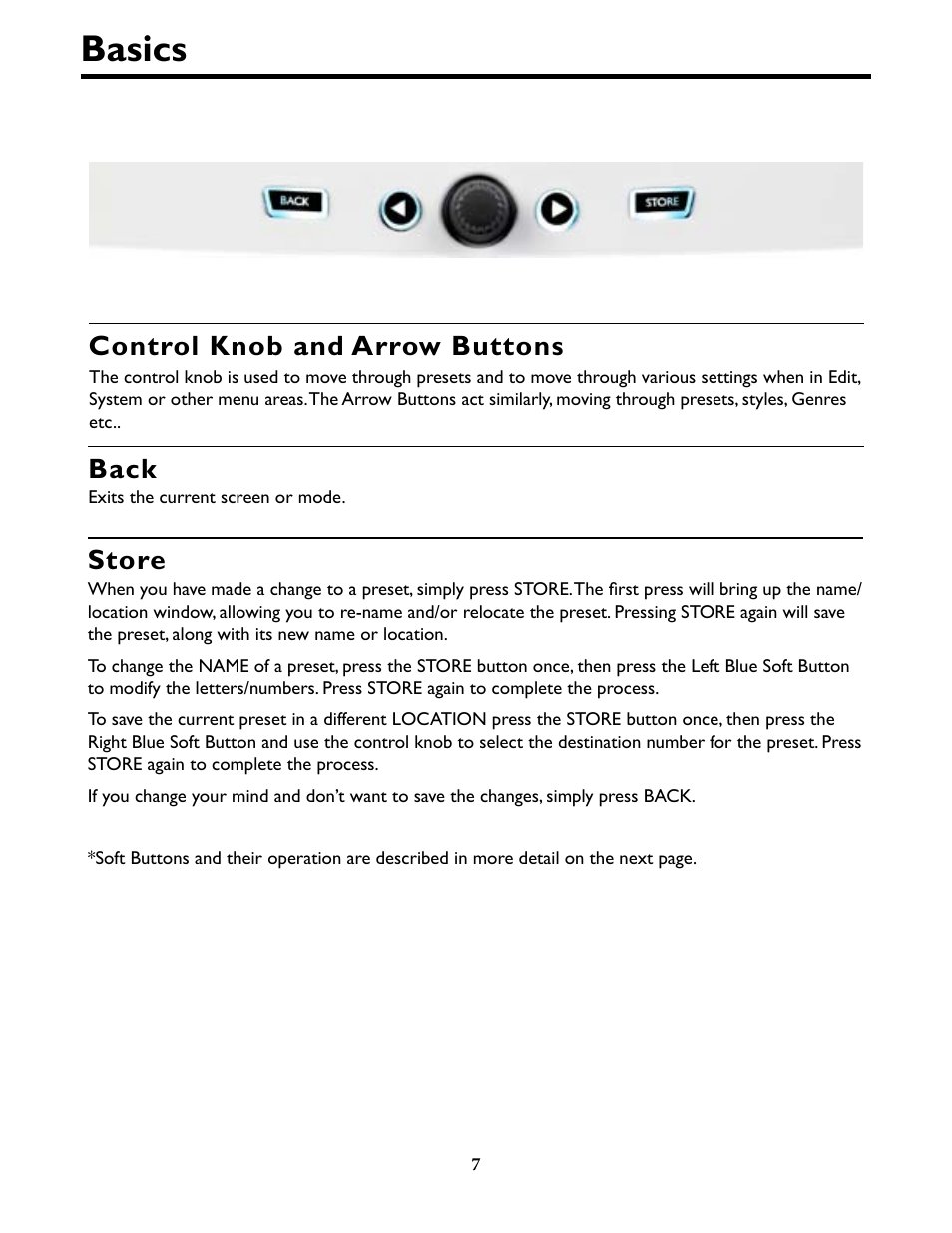 Basics, Basics 7, Control knob and arrow buttons | Back, Store | TC-Helicon VoiceLivePlay GTX Details manual User Manual | Page 7 / 39