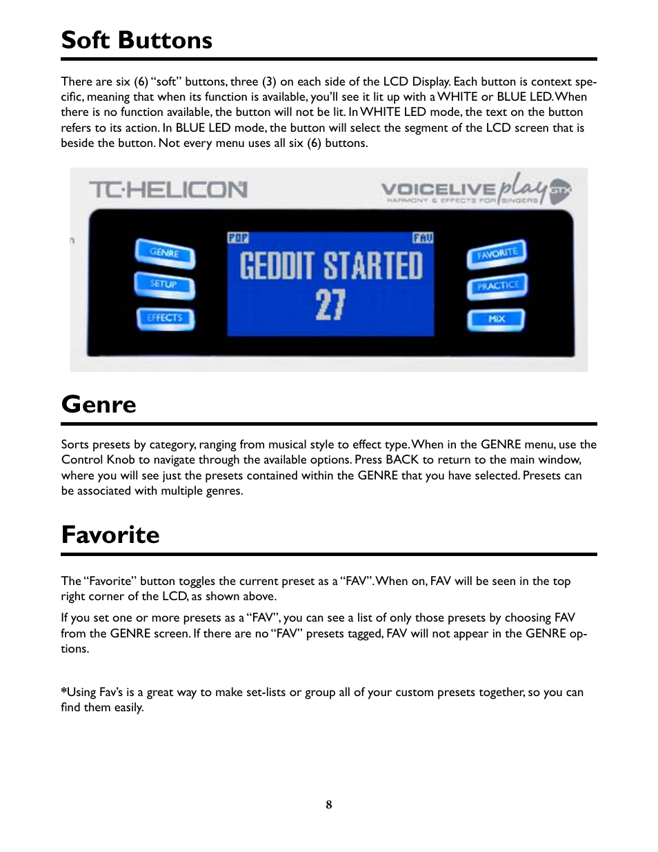 Soft buttons, Genre, Favorite | Soft buttons 8 genre 8 favorite 8 | TC-Helicon VoiceLivePlay GTX Details manual User Manual | Page 8 / 39