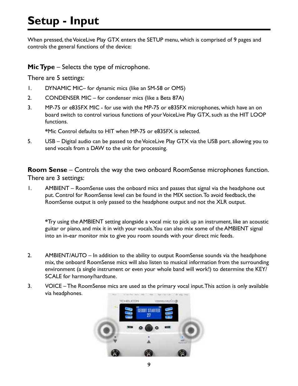 Setup - input, Setup - input 9 | TC-Helicon VoiceLivePlay GTX Details manual User Manual | Page 9 / 39