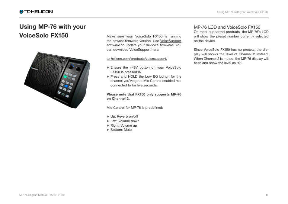 Using mp-76 with your voicesolo fx150, Voicesolo fx150 | TC-Helicon MP-76 - Reference Manual User Manual | Page 10 / 13