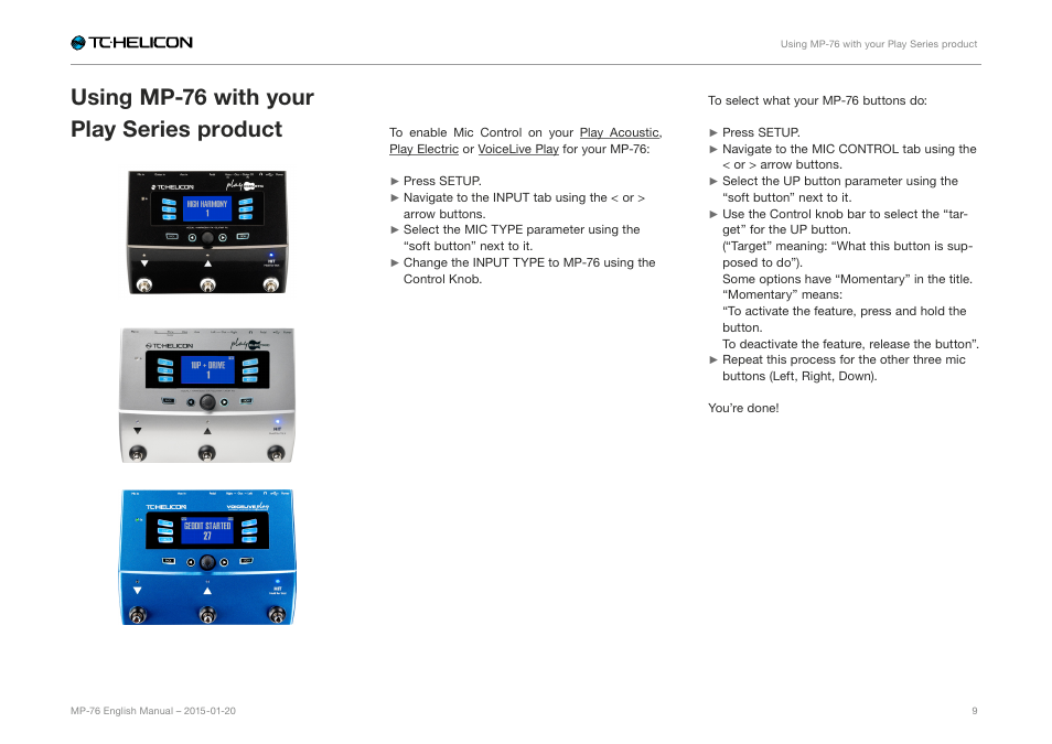 Using mp-76 with your play series product, Play series product, Play acoustic | Play electric, Voicelive play | TC-Helicon MP-76 - Reference Manual User Manual | Page 11 / 13