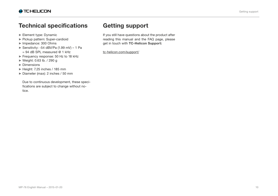 Technical specifications, Getting support | TC-Helicon MP-76 - Reference Manual User Manual | Page 12 / 13