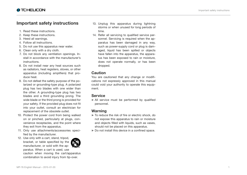 Important safety instructions | TC-Helicon MP-76 - Reference Manual User Manual | Page 3 / 13