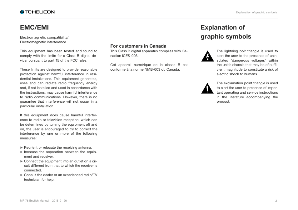 Emc/emi, Explanation of graphic symbols | TC-Helicon MP-76 - Reference Manual User Manual | Page 4 / 13