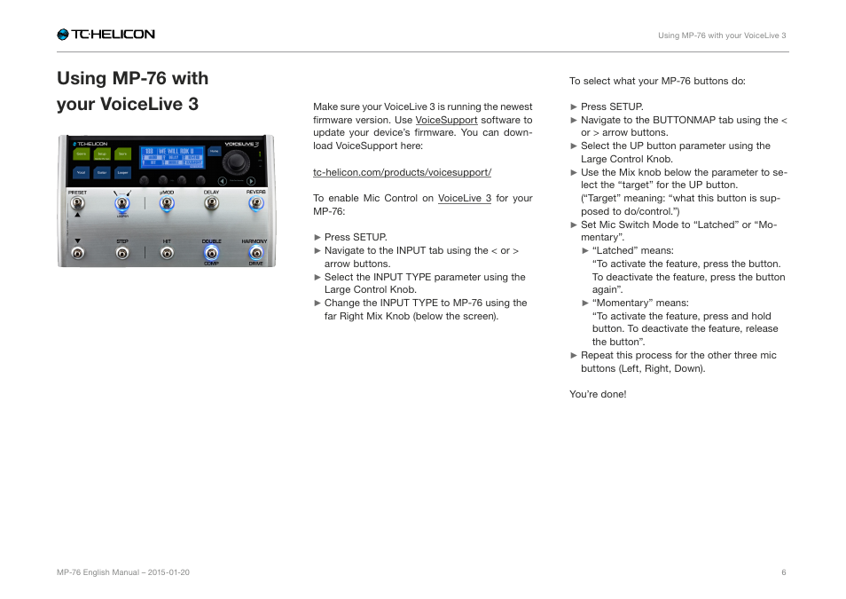 Using mp-76 with your voicelive 3, Using mp-76 with … voicelive 3, Voicelive 3 | TC-Helicon MP-76 - Reference Manual User Manual | Page 8 / 13