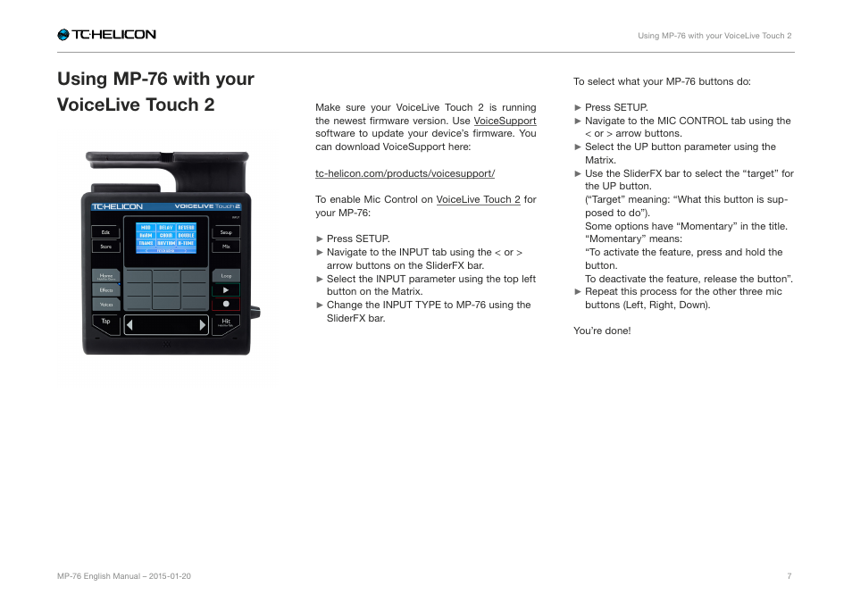 Using mp-76 with your voicelive touch 2, Voicelive touch 2 | TC-Helicon MP-76 - Reference Manual User Manual | Page 9 / 13