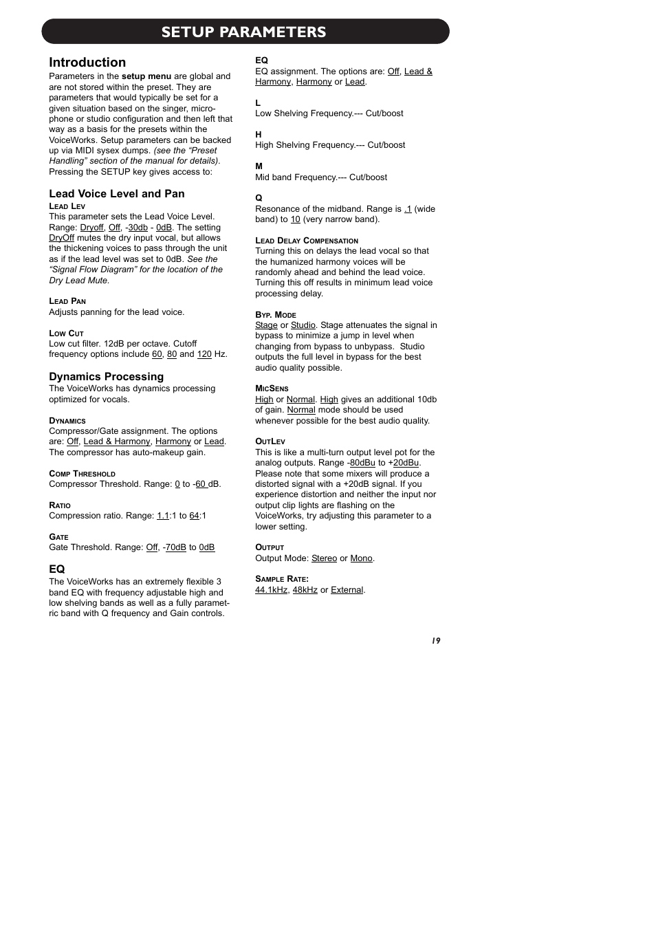 Setup parameters, Introduction, Lead voice level and pan | Dynamics processing | TC-Helicon VoiceWorks Manual User Manual | Page 21 / 33