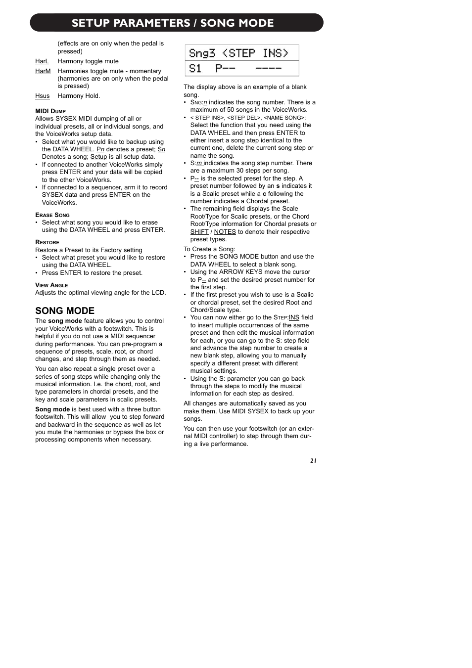 Setup parameters / song mode, Song mode | TC-Helicon VoiceWorks Manual User Manual | Page 23 / 33