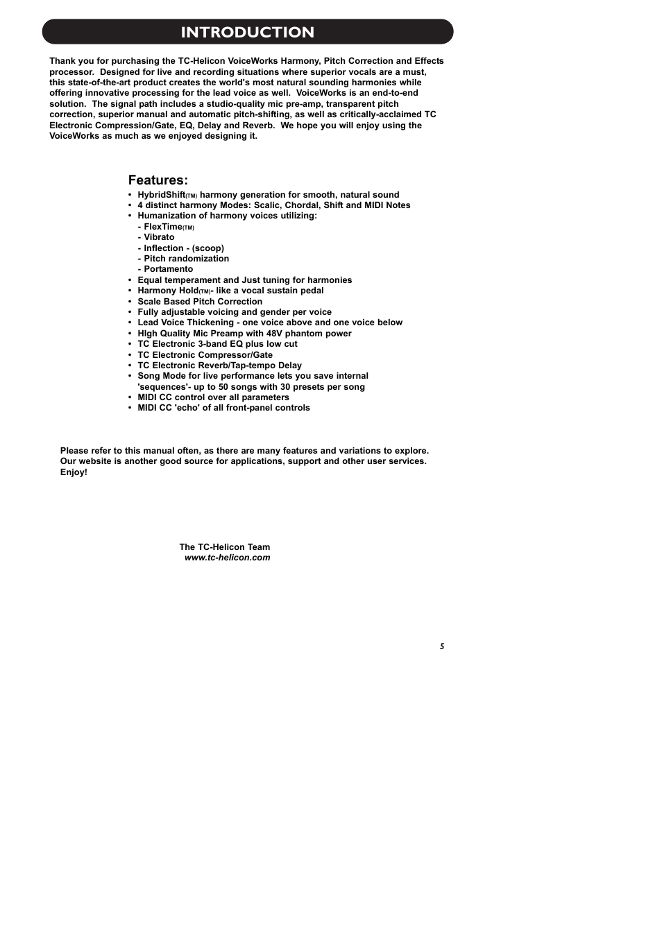 Introduction, Features | TC-Helicon VoiceWorks Manual User Manual | Page 7 / 33