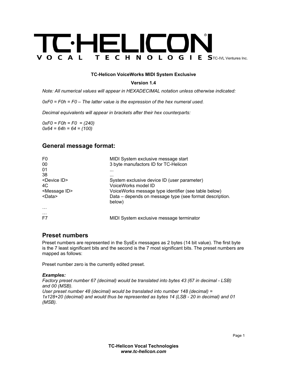 TC-Helicon VoiceWorks Sysex Manual User Manual | 8 pages