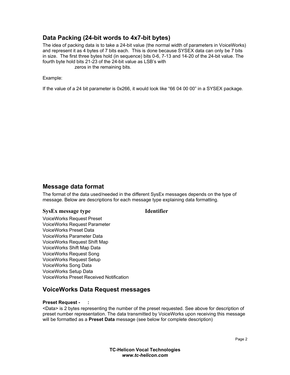 Data packing (24-bit words to 4x7-bit bytes), Message data format, Voiceworks data request messages | TC-Helicon VoiceWorks Sysex Manual User Manual | Page 2 / 8