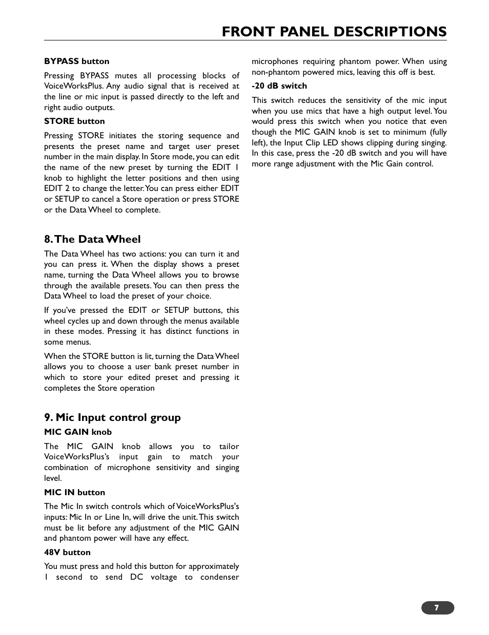 Front panel descriptions | TC-Helicon VoiceWorks Plus Manual User Manual | Page 11 / 44