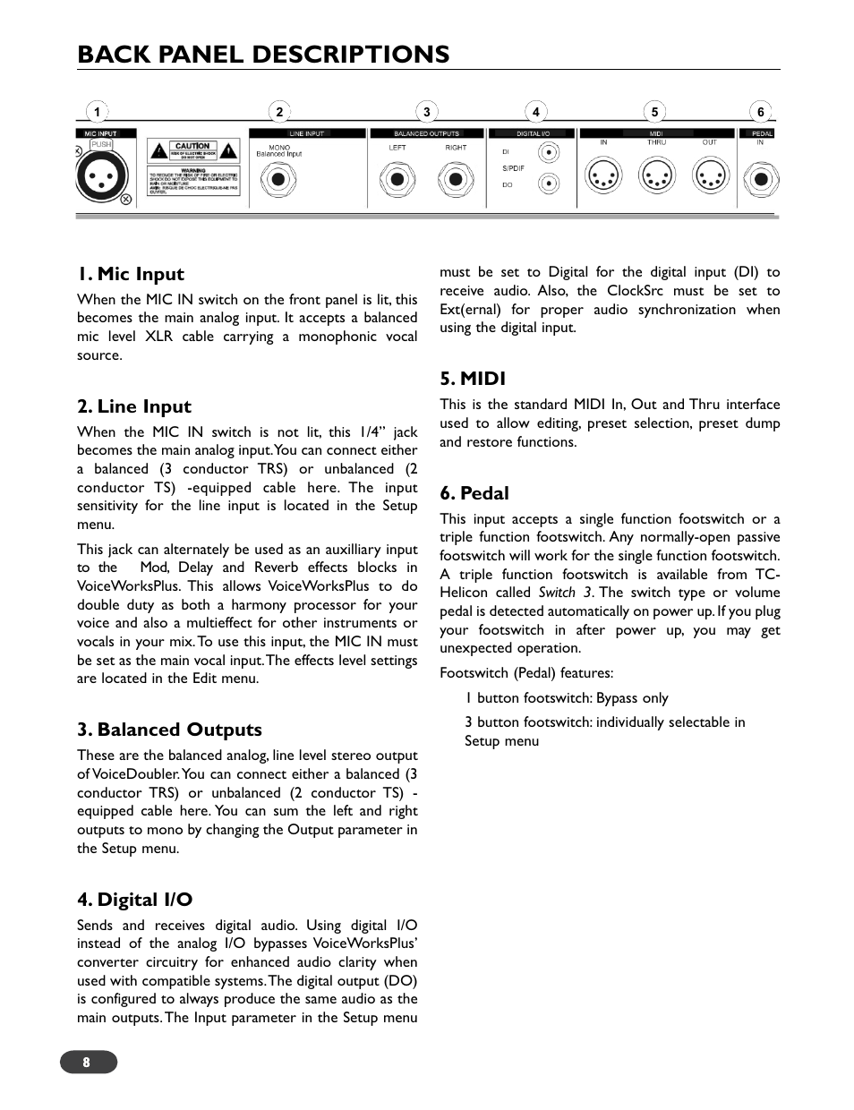 Back panel descriptions, Mic input, Line input | Balanced outputs, Digital i/o, Midi, Pedal | TC-Helicon VoiceWorks Plus Manual User Manual | Page 12 / 44