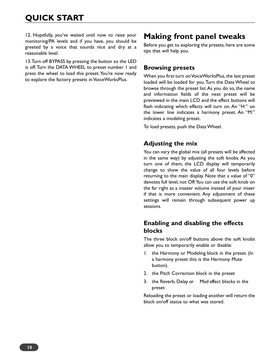 Making front panel tweaks, Quick start | TC-Helicon VoiceWorks Plus Manual User Manual | Page 14 / 44