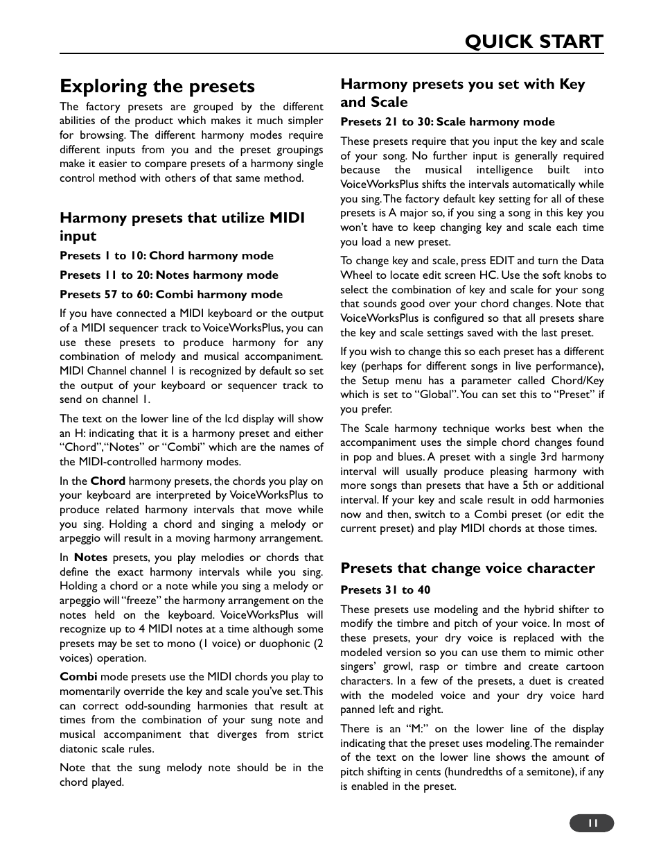 Exploring the presets, Quick start | TC-Helicon VoiceWorks Plus Manual User Manual | Page 15 / 44