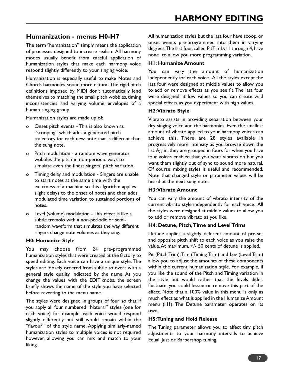 Harmony editing, Humanization - menus h0-h7 | TC-Helicon VoiceWorks Plus Manual User Manual | Page 21 / 44