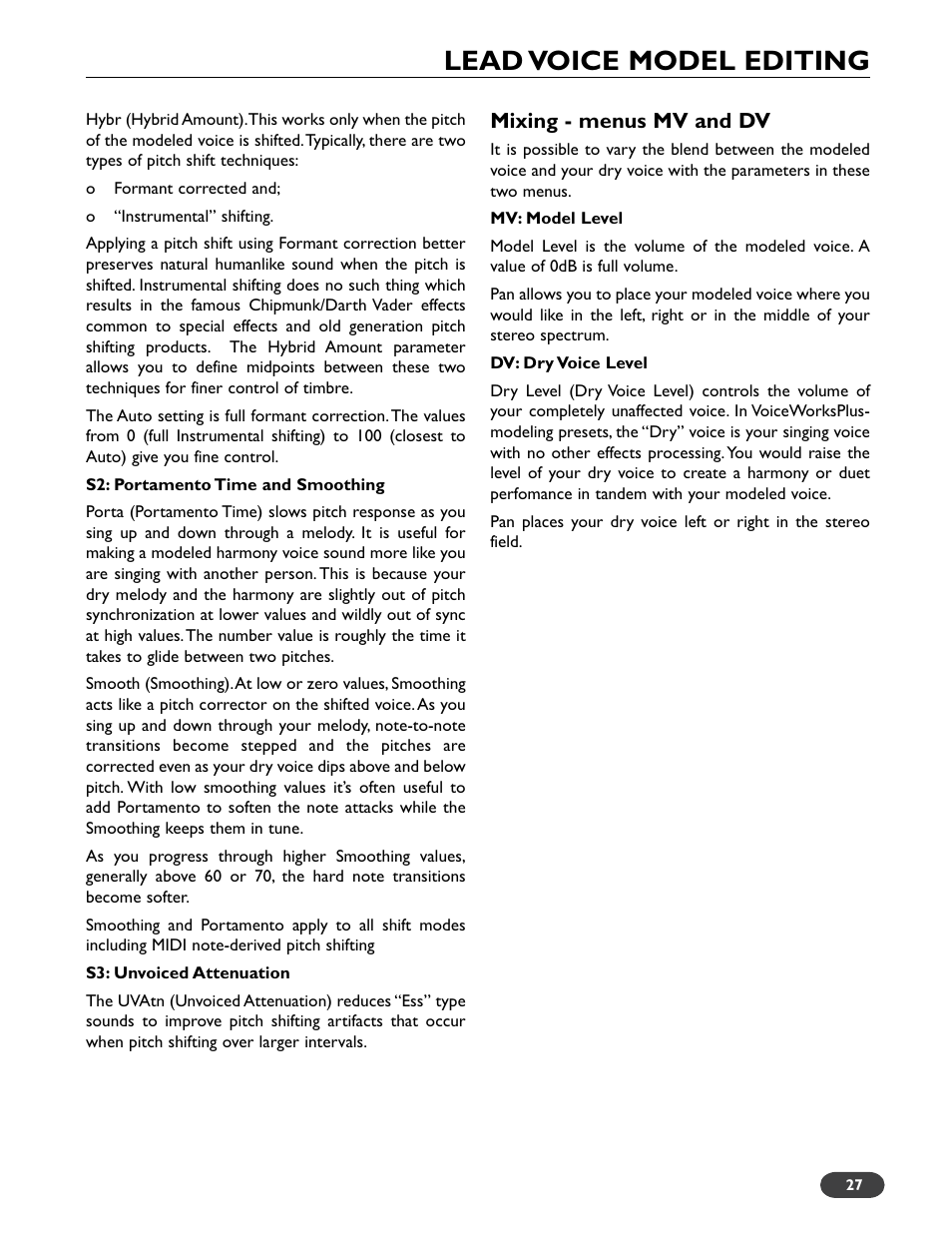 Lead voice model editing, Mixing - menus mv and dv | TC-Helicon VoiceWorks Plus Manual User Manual | Page 31 / 44