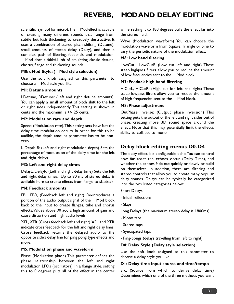 Reverb, mod and delay editing, Delay block editing menus d0-d4 | TC-Helicon VoiceWorks Plus Manual User Manual | Page 35 / 44