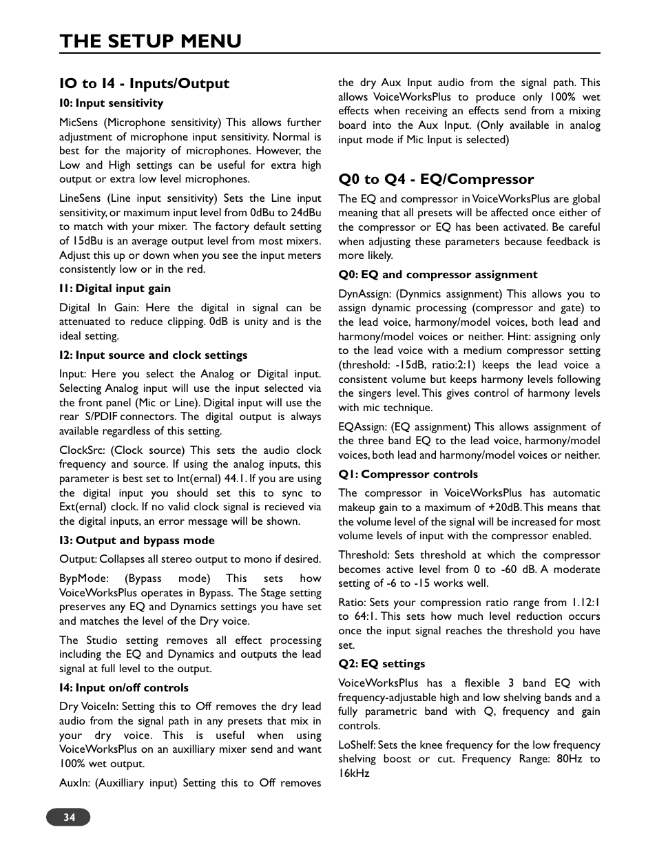The setup menu, Io to i4 - inputs/output, Q0 to q4 - eq/compressor | TC-Helicon VoiceWorks Plus Manual User Manual | Page 38 / 44