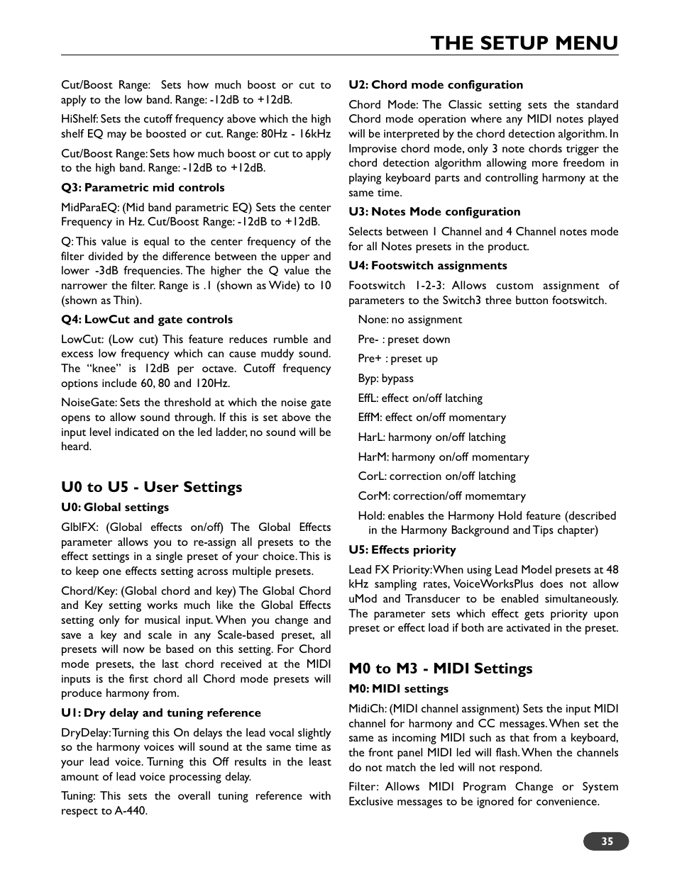 The setup menu, U0 to u5 - user settings, M0 to m3 - midi settings | TC-Helicon VoiceWorks Plus Manual User Manual | Page 39 / 44
