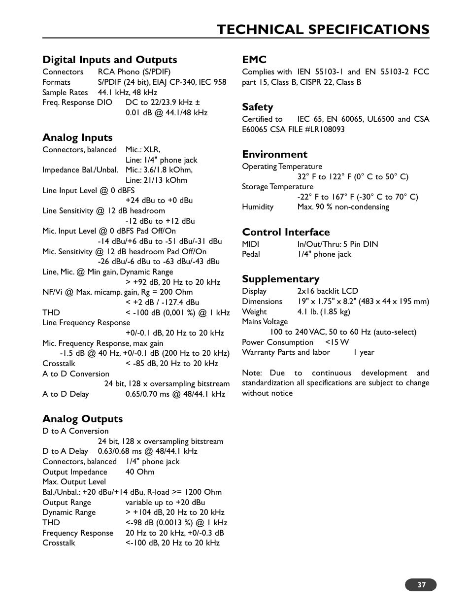 Technical specifications, Digital inputs and outputs, Analog inputs | Analog outputs, Safety, Environment, Control interface, Supplementary | TC-Helicon VoiceWorks Plus Manual User Manual | Page 41 / 44