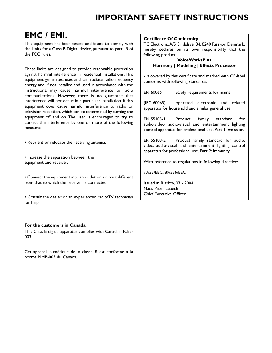 Important safety instructions emc / emi | TC-Helicon VoiceWorks Plus Manual User Manual | Page 5 / 44