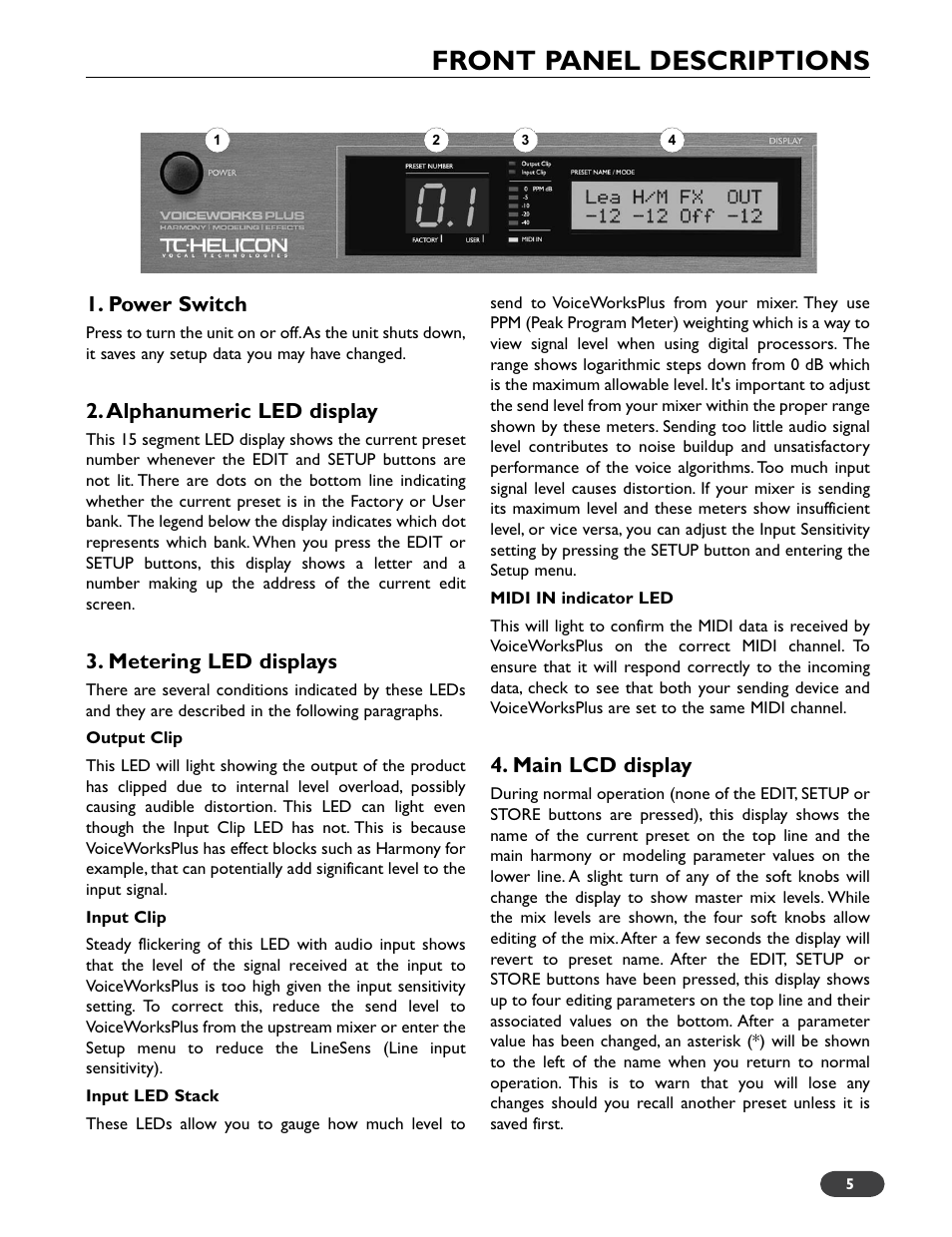 Front panel descriptions | TC-Helicon VoiceWorks Plus Manual User Manual | Page 9 / 44