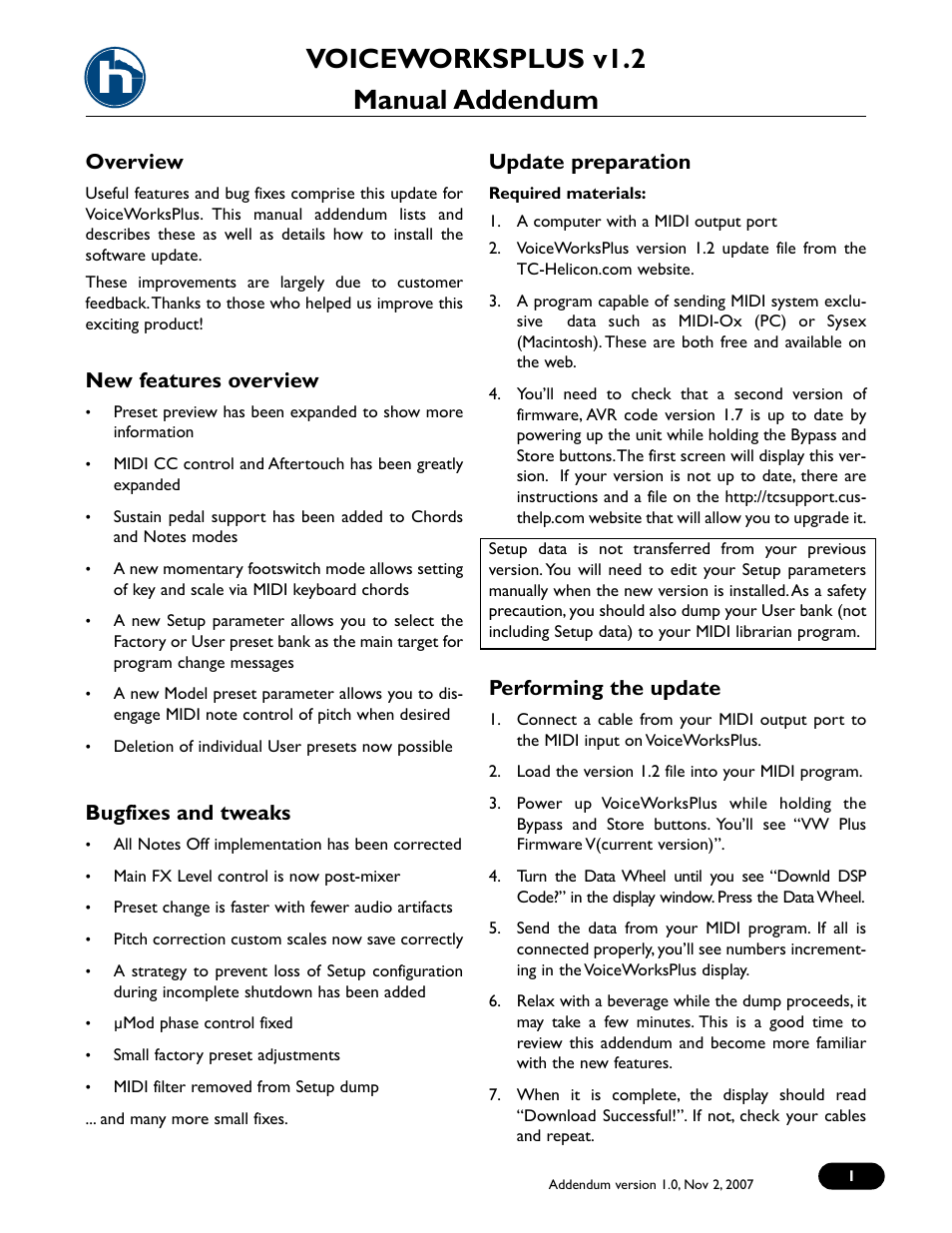 TC-Helicon VoiceWorks Plus 1.2 Addendum User Manual | 6 pages