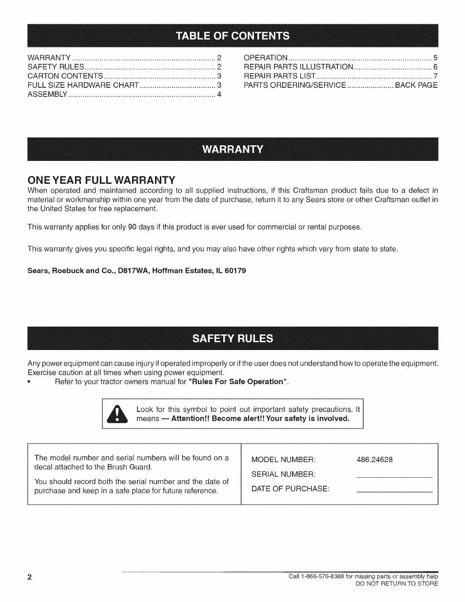 Warran, One year full warranty, Safety rule | Craftsman 486.24628 User Manual | Page 2 / 8