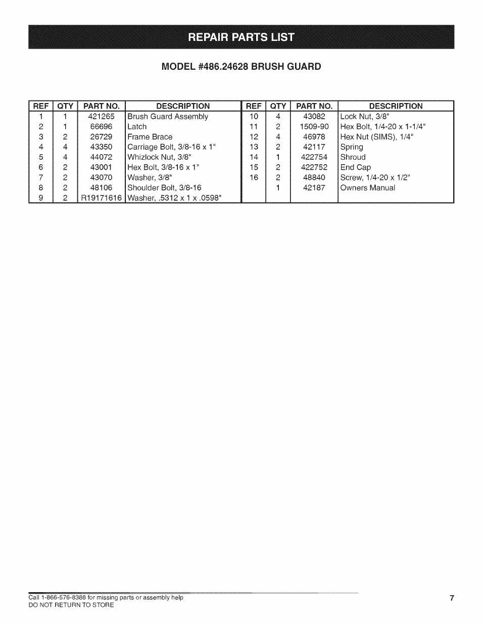 Repair parts lis | Craftsman 486.24628 User Manual | Page 7 / 8