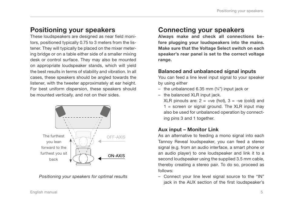Positioning your speakers, Connecting your speakers | TC-Helicon Reveal 802 User Manual | Page 7 / 12