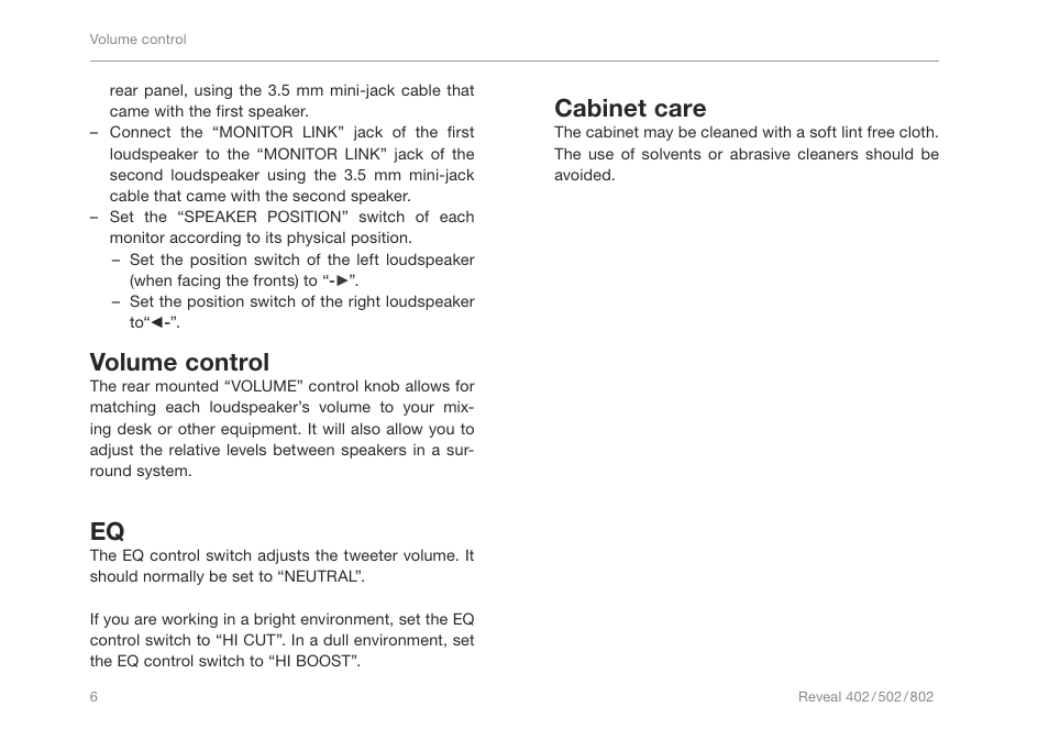 Volume control, Cabinet care | TC-Helicon Reveal 802 User Manual | Page 8 / 12