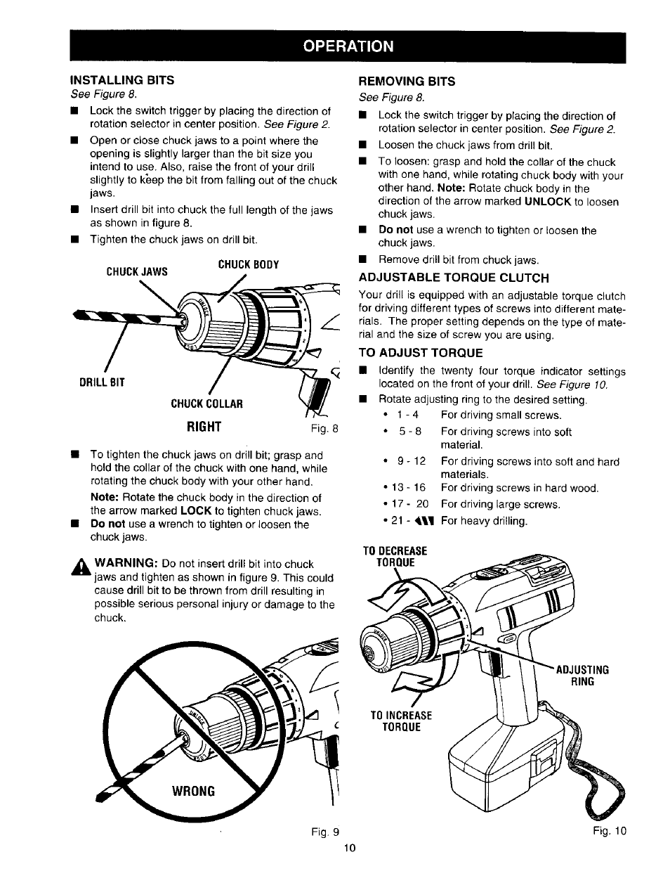 Installing bits, Removing bits, Adjustable torque clutch | To adjust torque, Right, Operation | Craftsman 315.271350 User Manual | Page 10 / 16