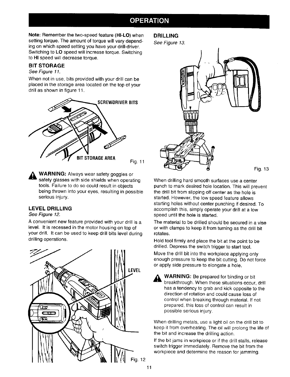 Bit storage, Drilling, Level drilling | Operation | Craftsman 315.271350 User Manual | Page 11 / 16