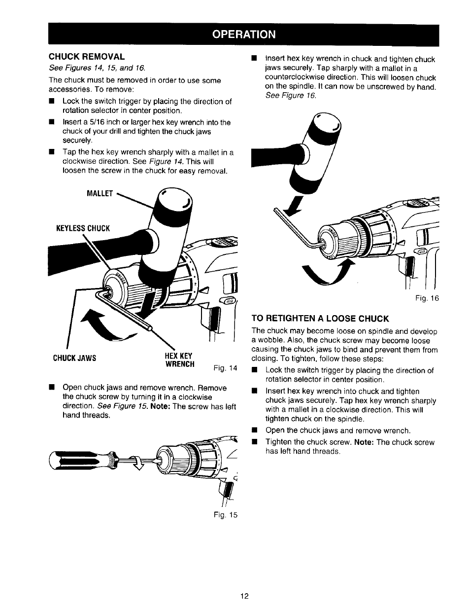 Chuck removal, To retighten a loose chuck, Operation | Craftsman 315.271350 User Manual | Page 12 / 16