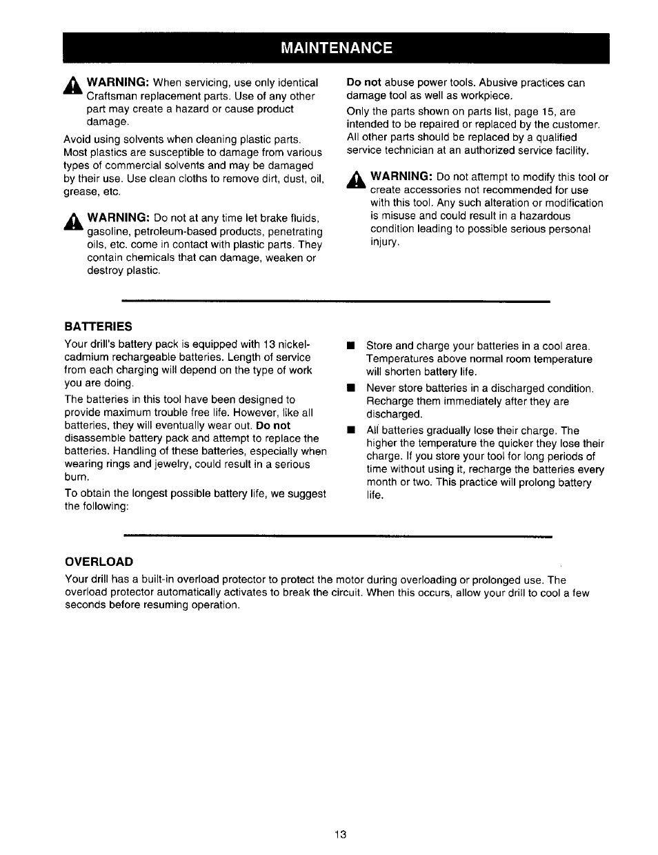 Maintenance, Batteries, Overload | Craftsman 315.271350 User Manual | Page 13 / 16