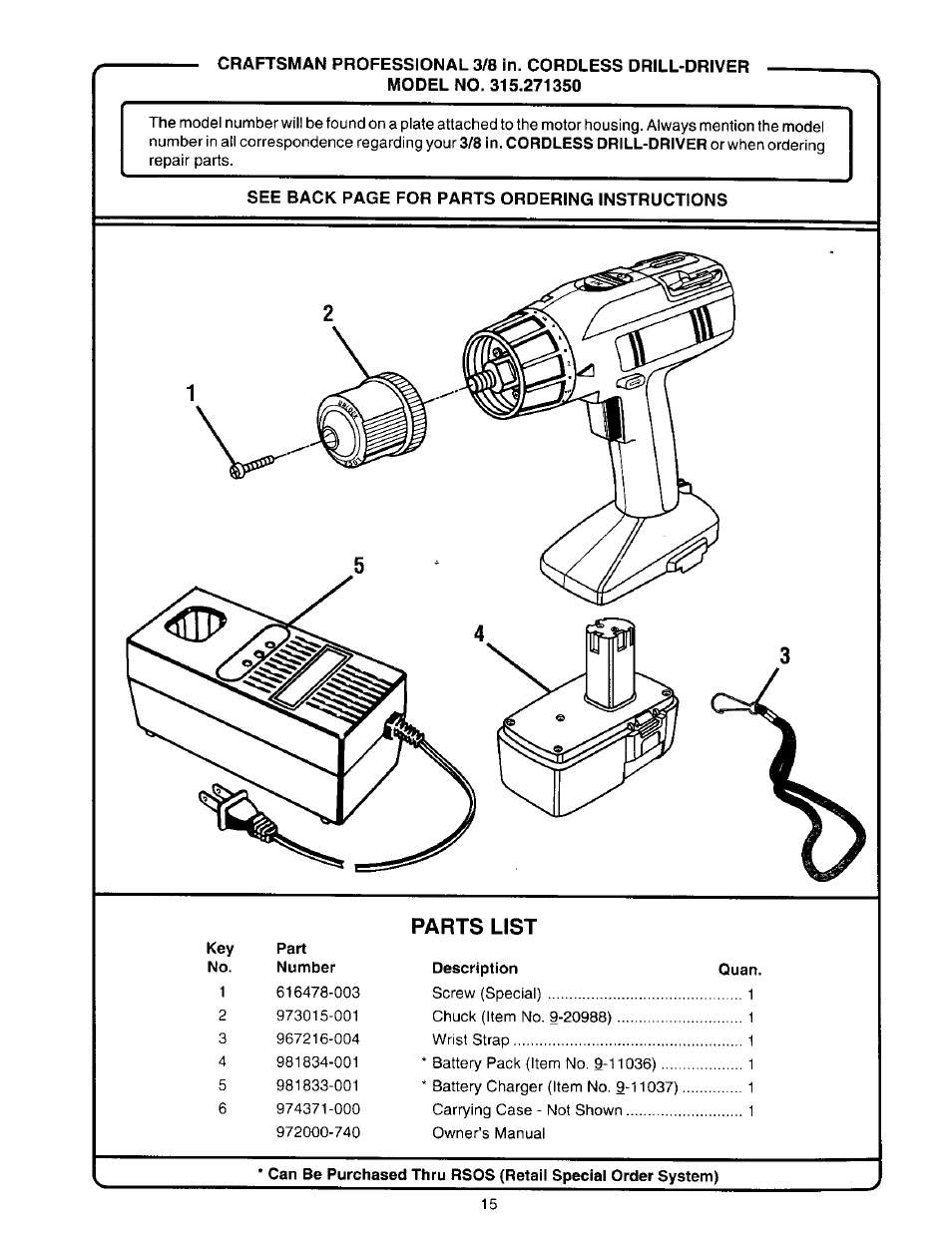 Parts list | Craftsman 315.271350 User Manual | Page 15 / 16