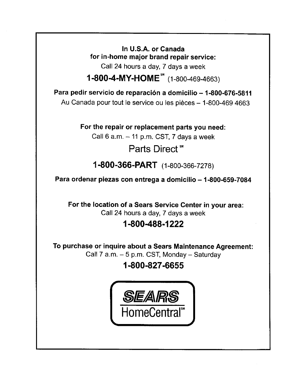 1 -800-4-my-h o ivi e ( 1 -800-469-4663), Parts direct | Craftsman 315.271350 User Manual | Page 16 / 16