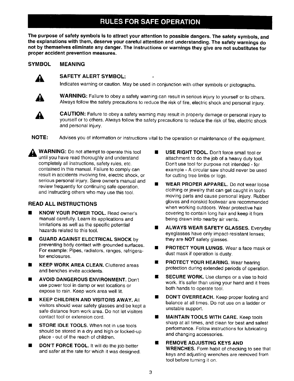 Symbol meaning, Safety alert symbol, Read all instructions | Rules for safe operation | Craftsman 315.271350 User Manual | Page 3 / 16