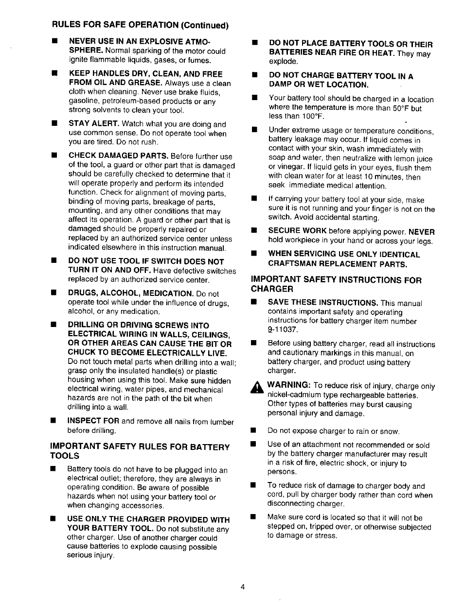 Important safety rules for battery tools, Important safety instructions for charger, A. important safety rules for battery tools | B. important safety instructions for charger | Craftsman 315.271350 User Manual | Page 4 / 16