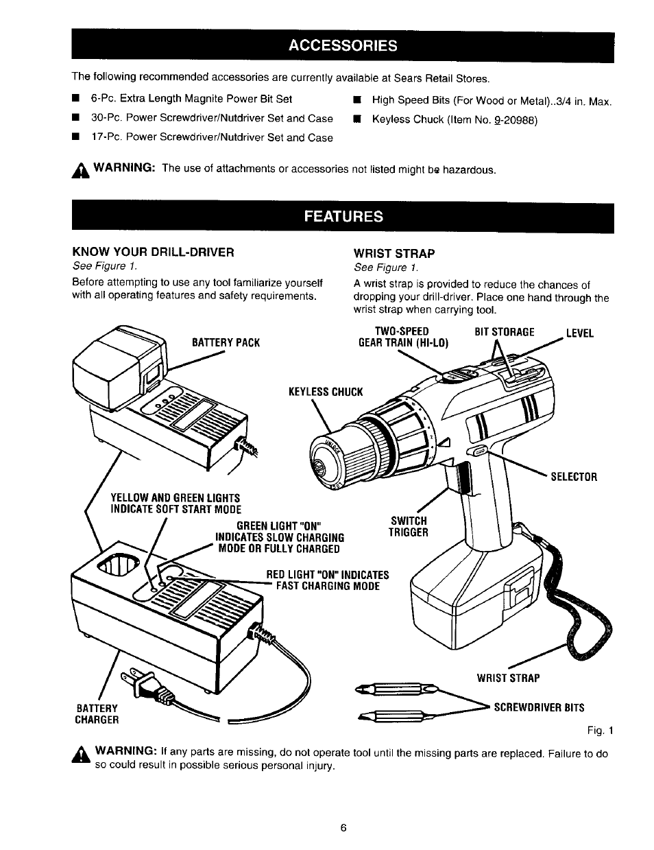 Features, Know your drill-driver, Wrist strap | Accessories | Craftsman 315.271350 User Manual | Page 6 / 16