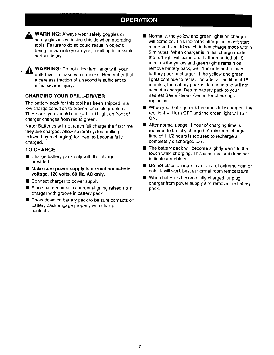 Charging your drill-driver, To charge, Operation | Craftsman 315.271350 User Manual | Page 7 / 16