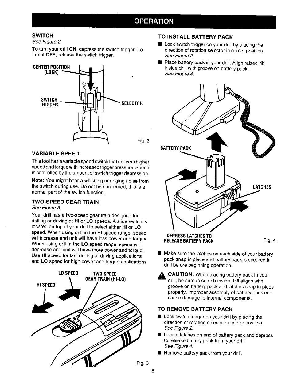 Switch, Variable speed, Two-speed gear train | To install battery pack, To remove battery pack, Operation | Craftsman 315.271350 User Manual | Page 8 / 16